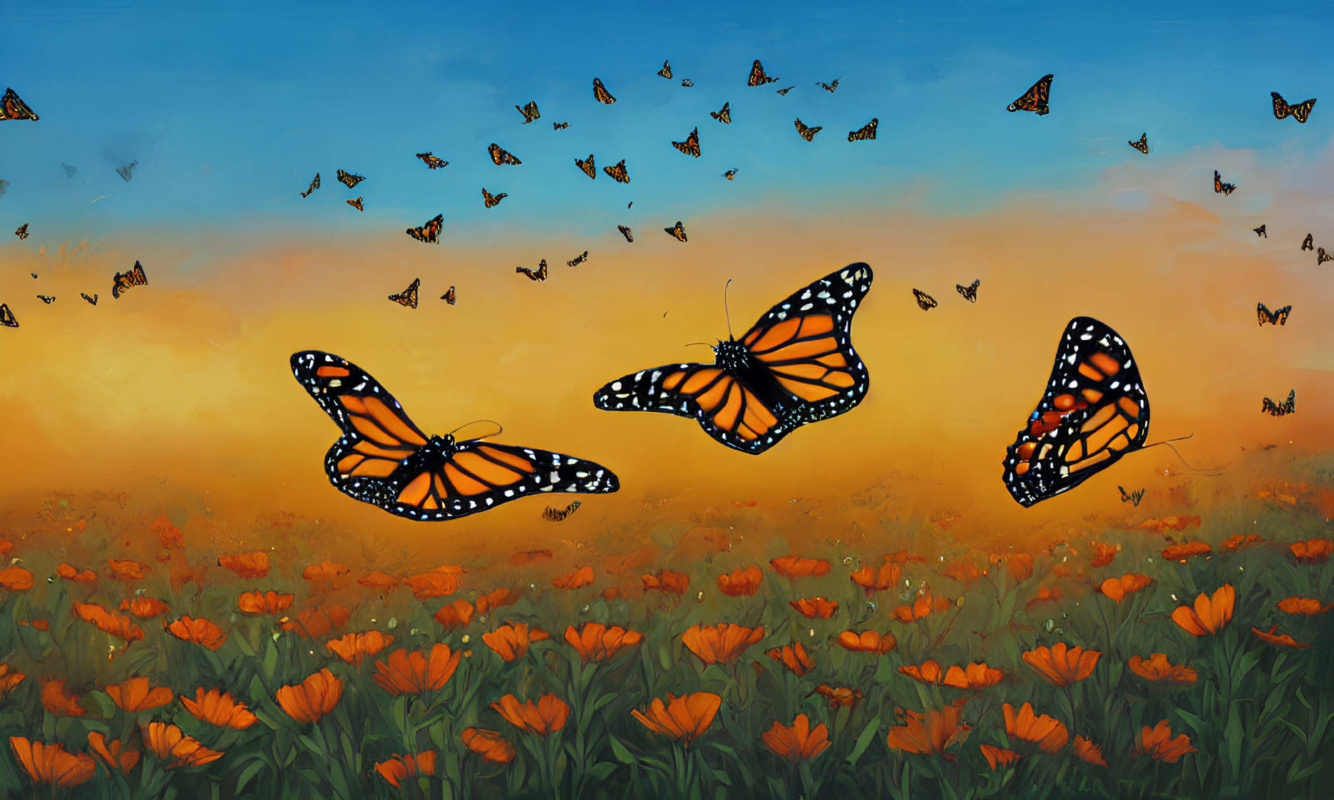 Monarch butterflies flutter above orange flowers at sunset.