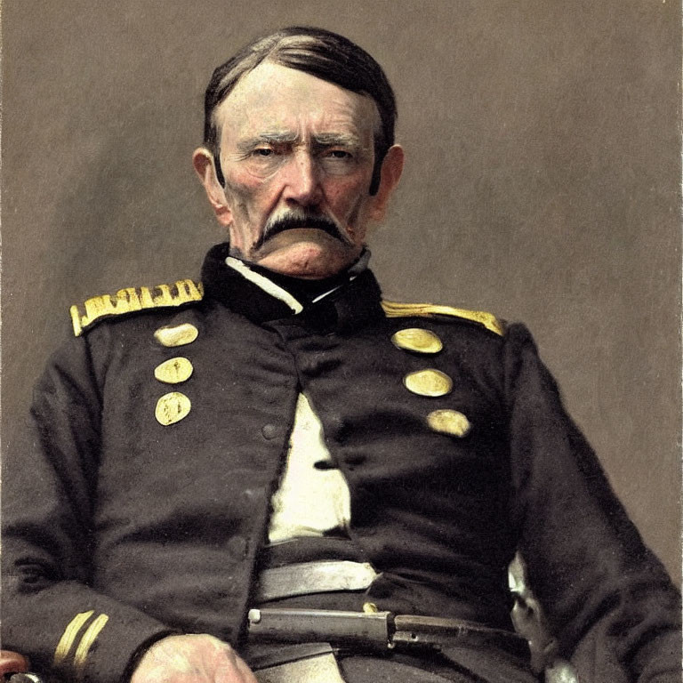 Vintage military portrait of stern man with thick mustache & medals