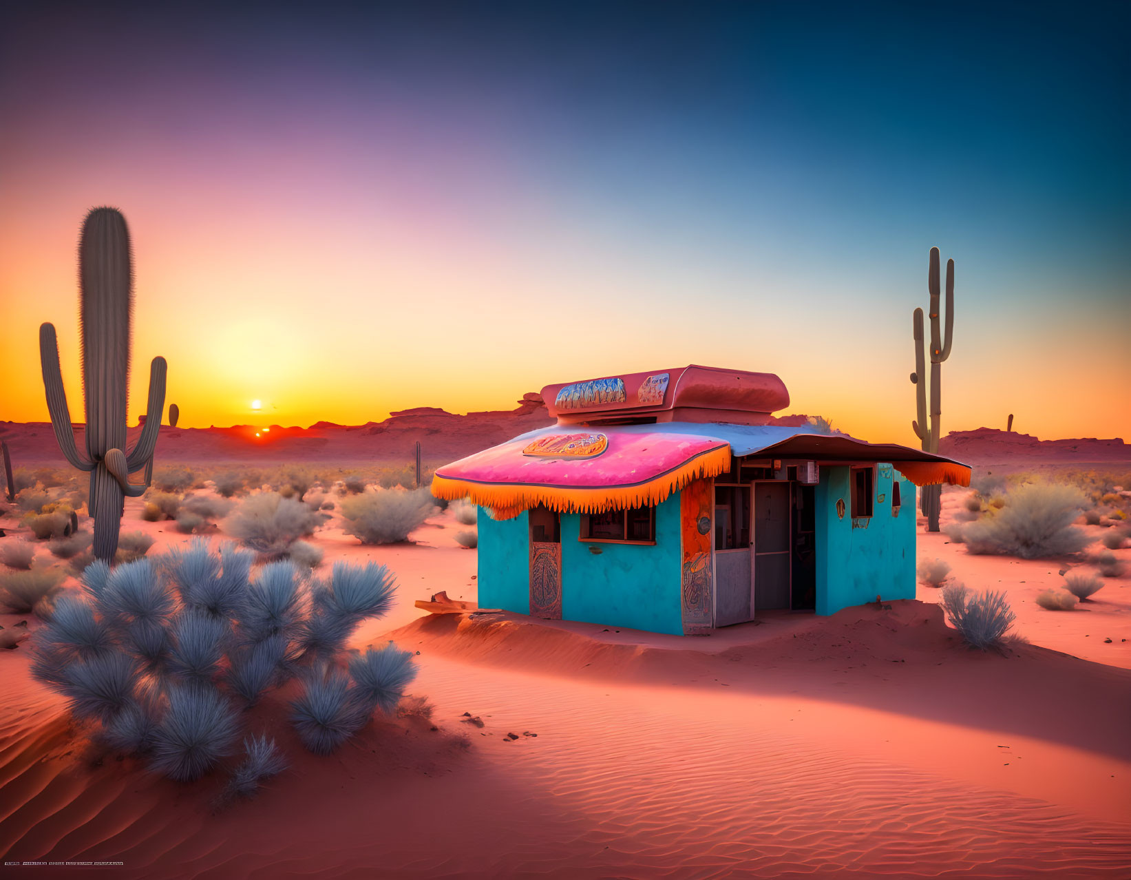 Colorful desert diner at sunset with tall cacti and tranquil skies