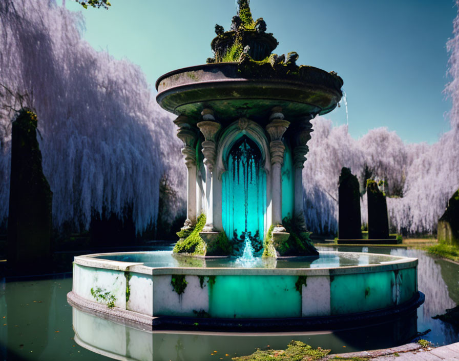 Stone fountain with moss details amid wisteria trees and blue sky