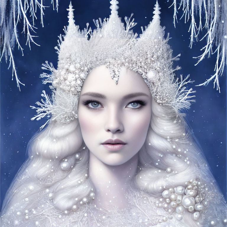 Portrait of woman with ice-themed appearance and pearlescent crown, white hair, snowy background