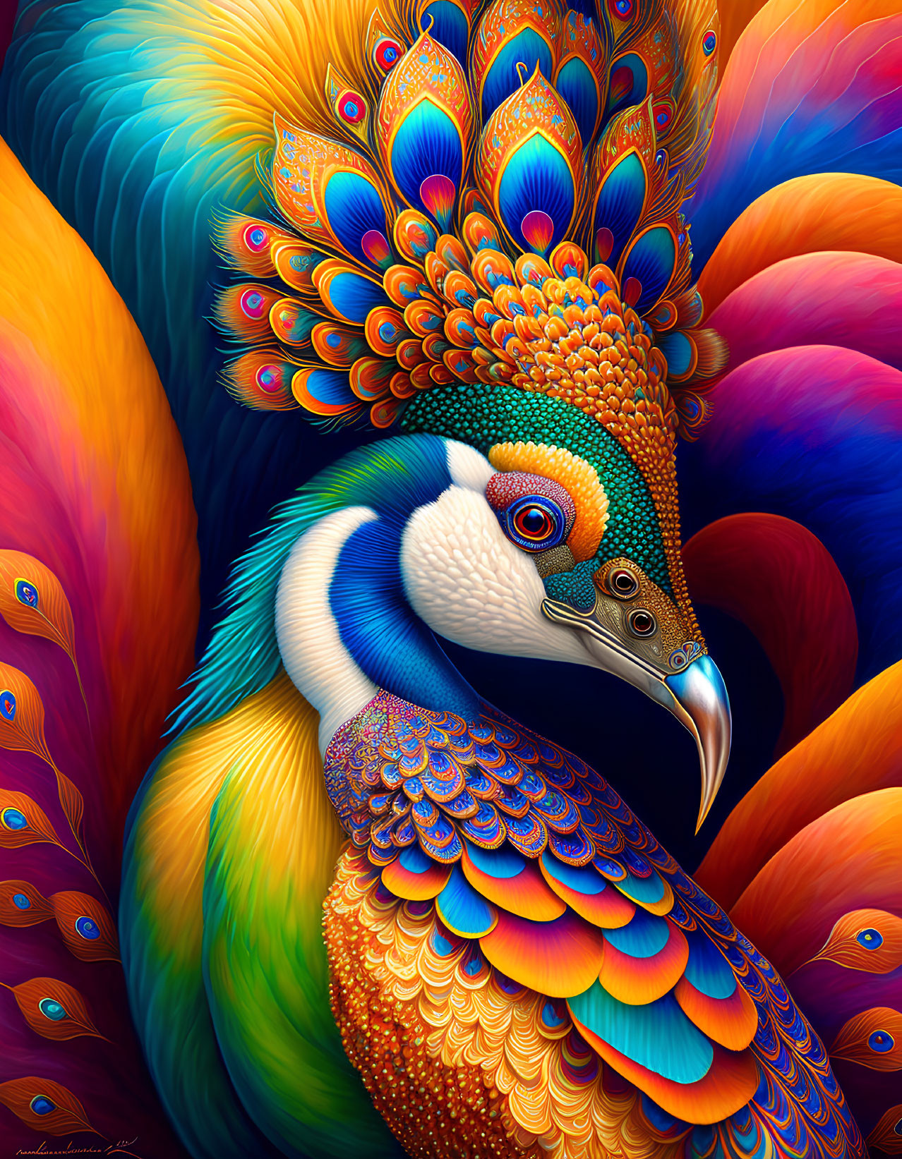 Colorful Peacock Illustration with Detailed Feather Patterns