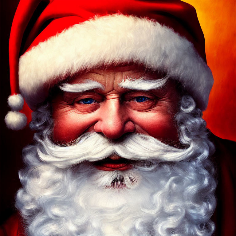 Person in Santa Claus costume with red hat and white beard in close-up shot