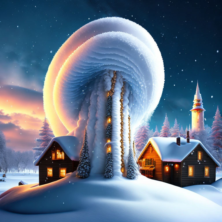 Snow-covered houses and tower in surreal winter dusk scene