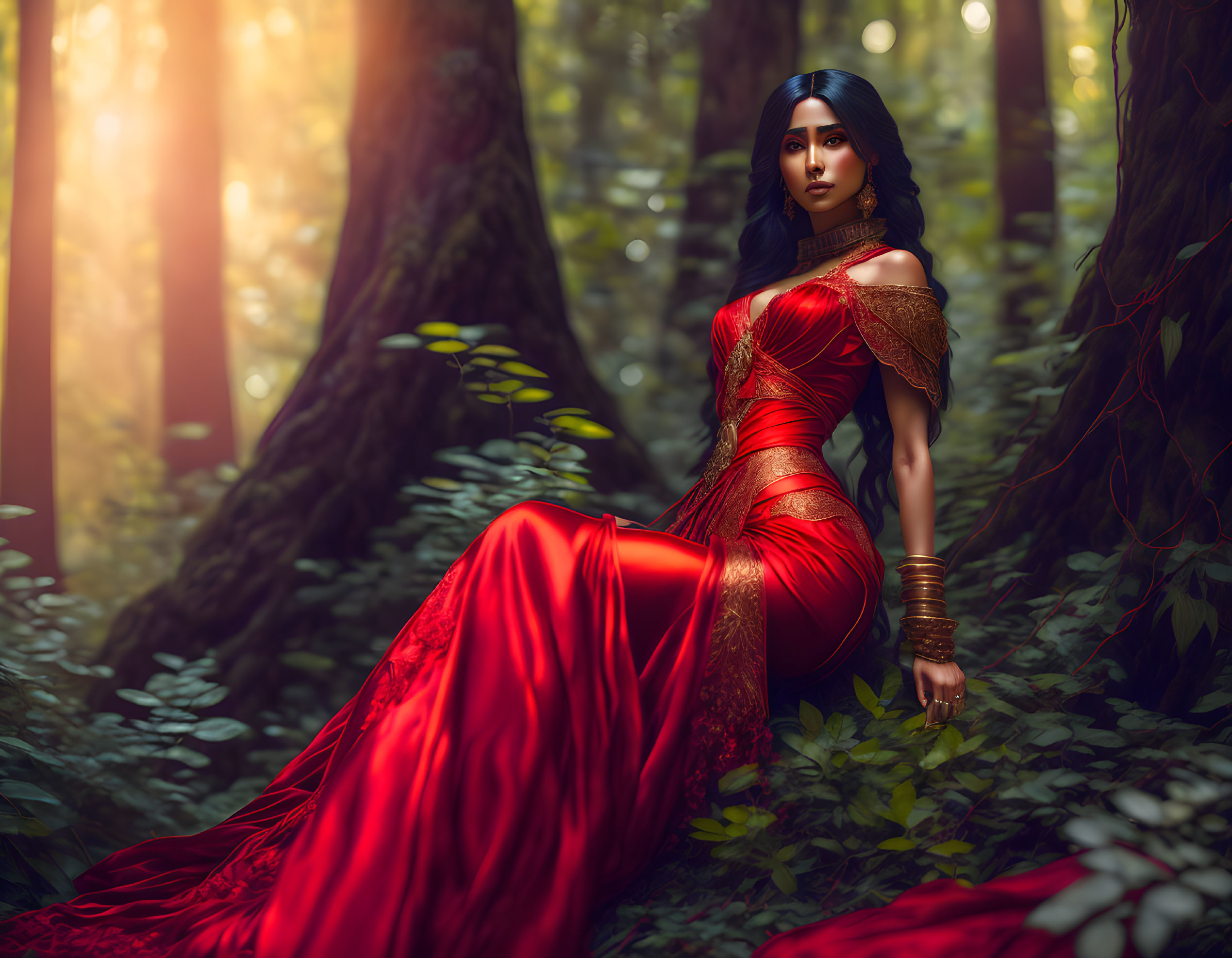 Luxurious woman in red dress with gold accents in sunlit forest