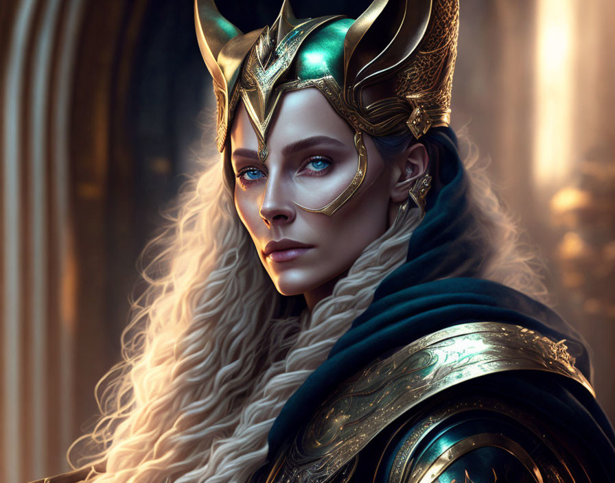 Digital artwork of woman in golden armor with blue eyes & blonde hair