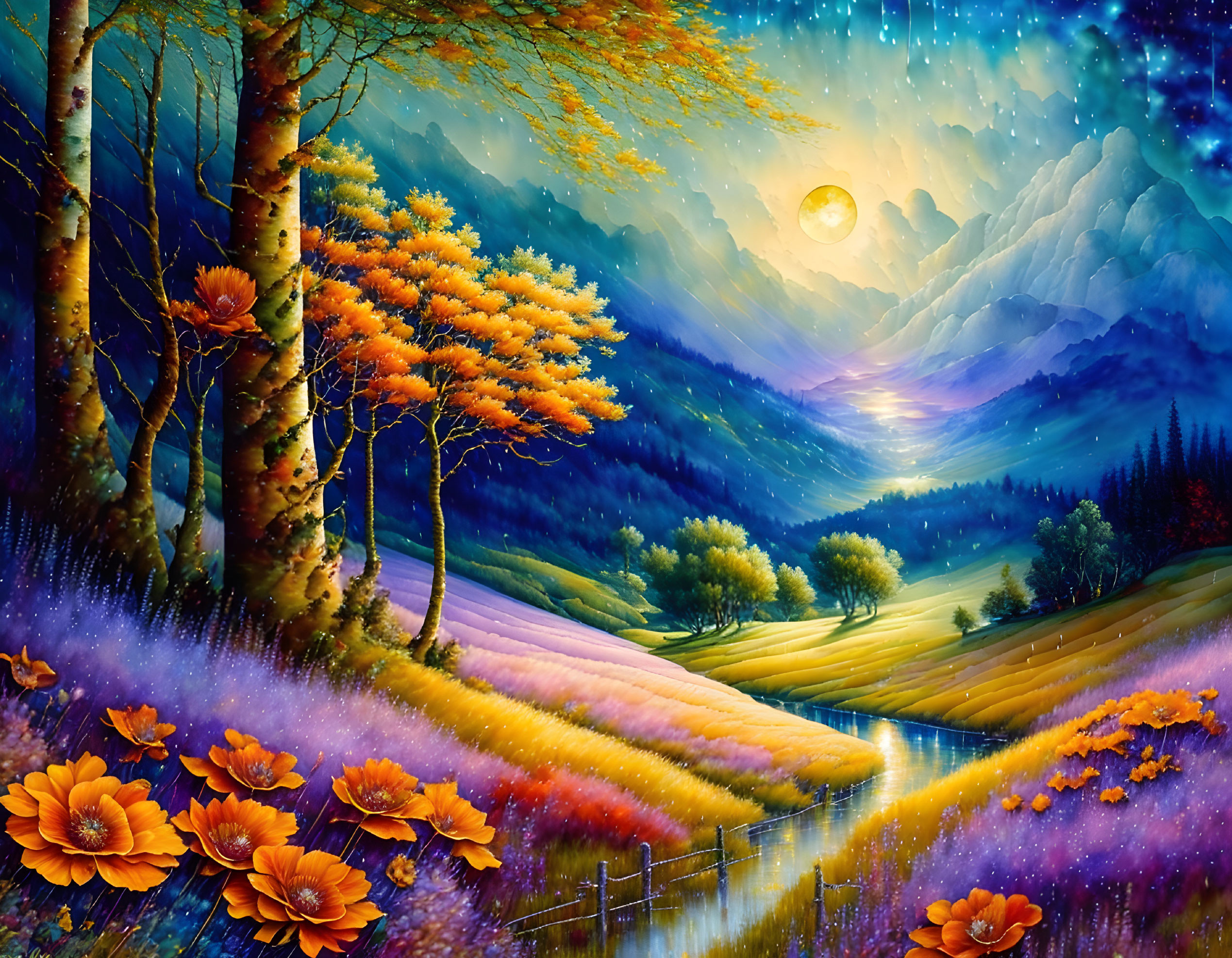 Surreal landscape with orange foliage, river, starry sky, full moon, mountains, flowers