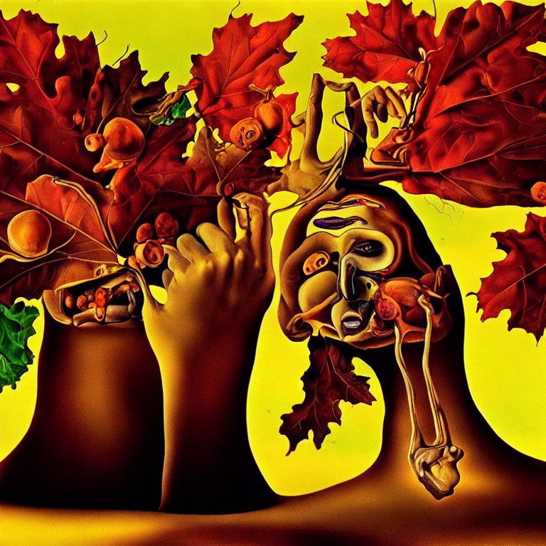 Abstract illustration: Vibrant yellow and red tones, hands, faces, autumn leaves intertwined.