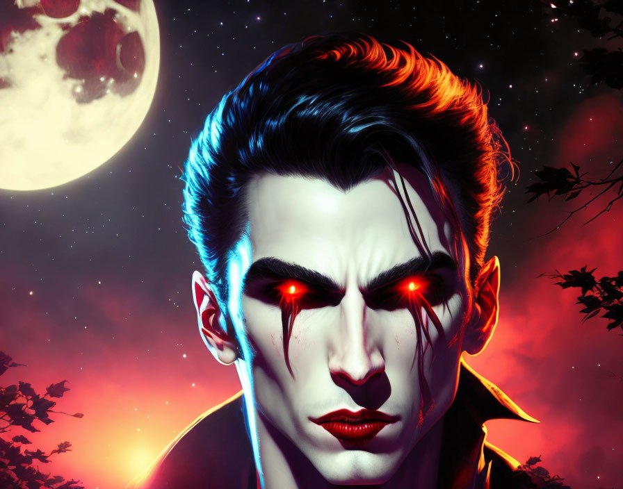 Vampire illustration with red eyes and moonlit night scene