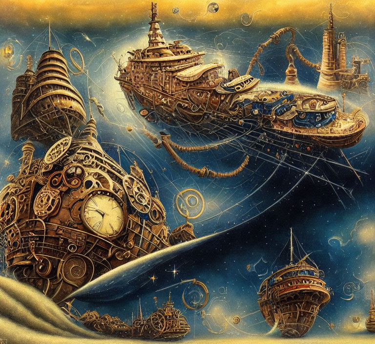 Mechanically intricate surreal ships in celestial space with steampunk aesthetic