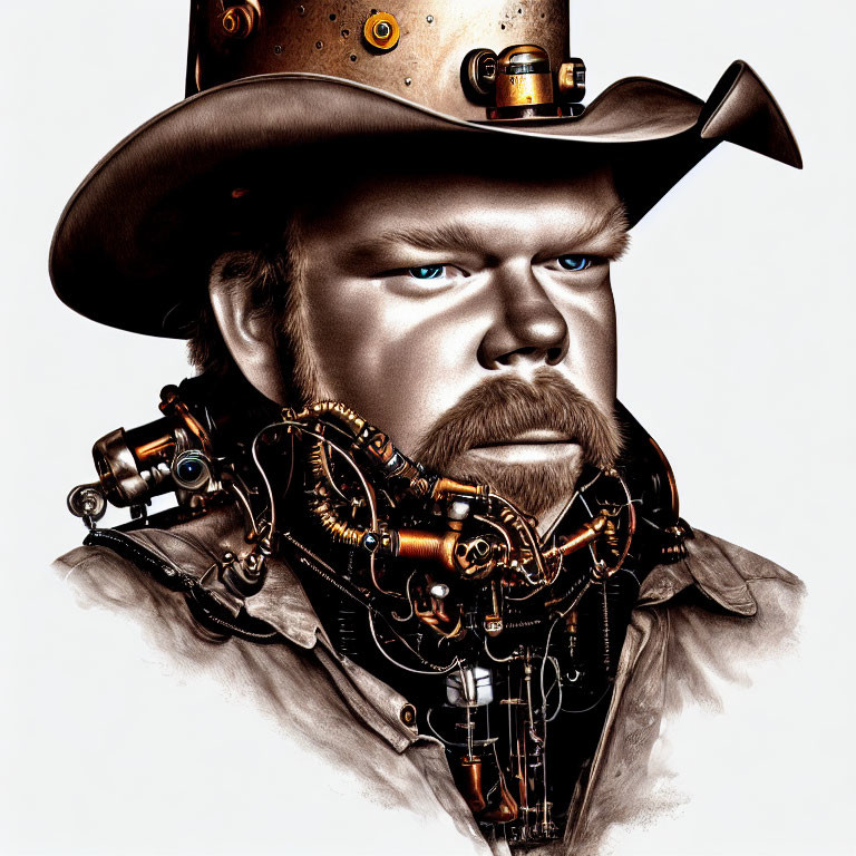 Steampunk-inspired portrait of man with mechanical parts and cowboy hat.