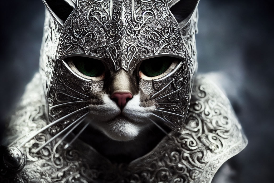 Close-up Image: Cat with Intricate Silver Mask and Green Eyes