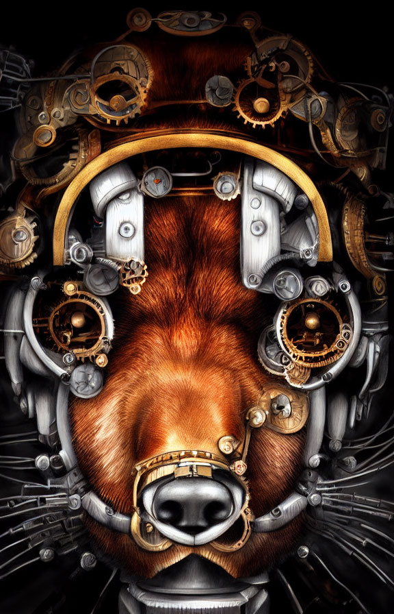 Steampunk-inspired dog head with mechanical gears on dark backdrop