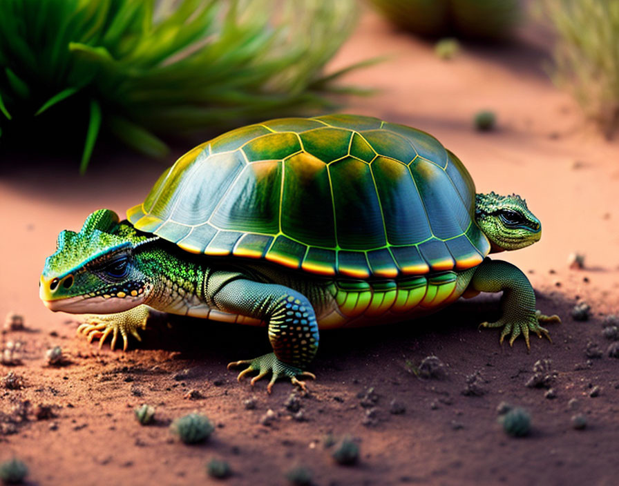 Hybrid creature: tortoise body, lizard head on sandy terrain