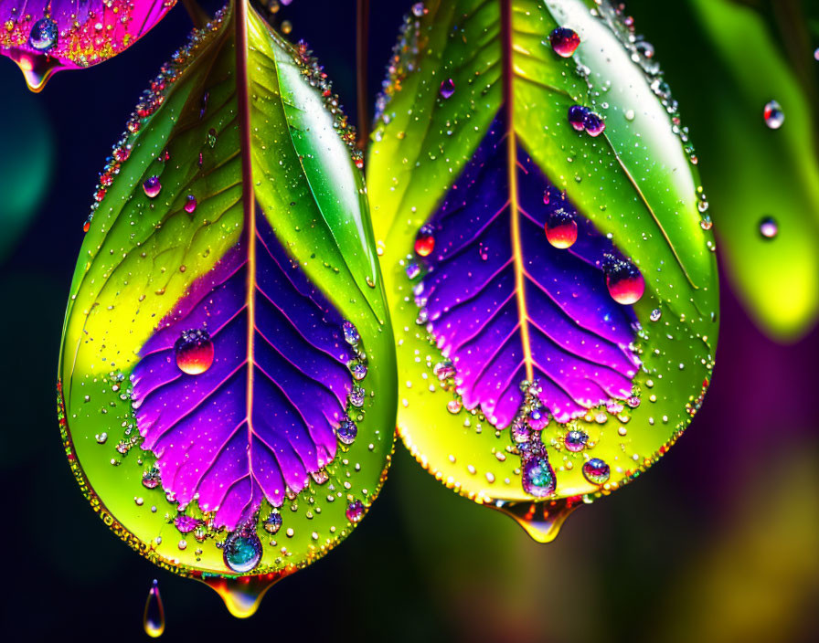 Colorful dewy leaves against blurred background