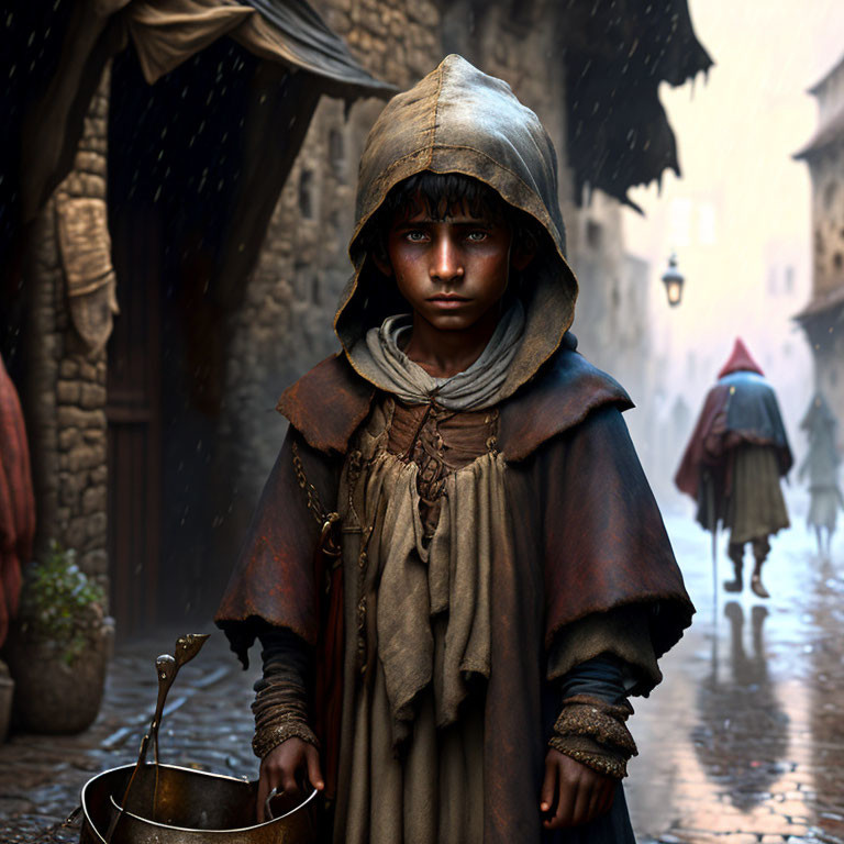 Medieval-themed image of a child in hooded cloak holding a bowl