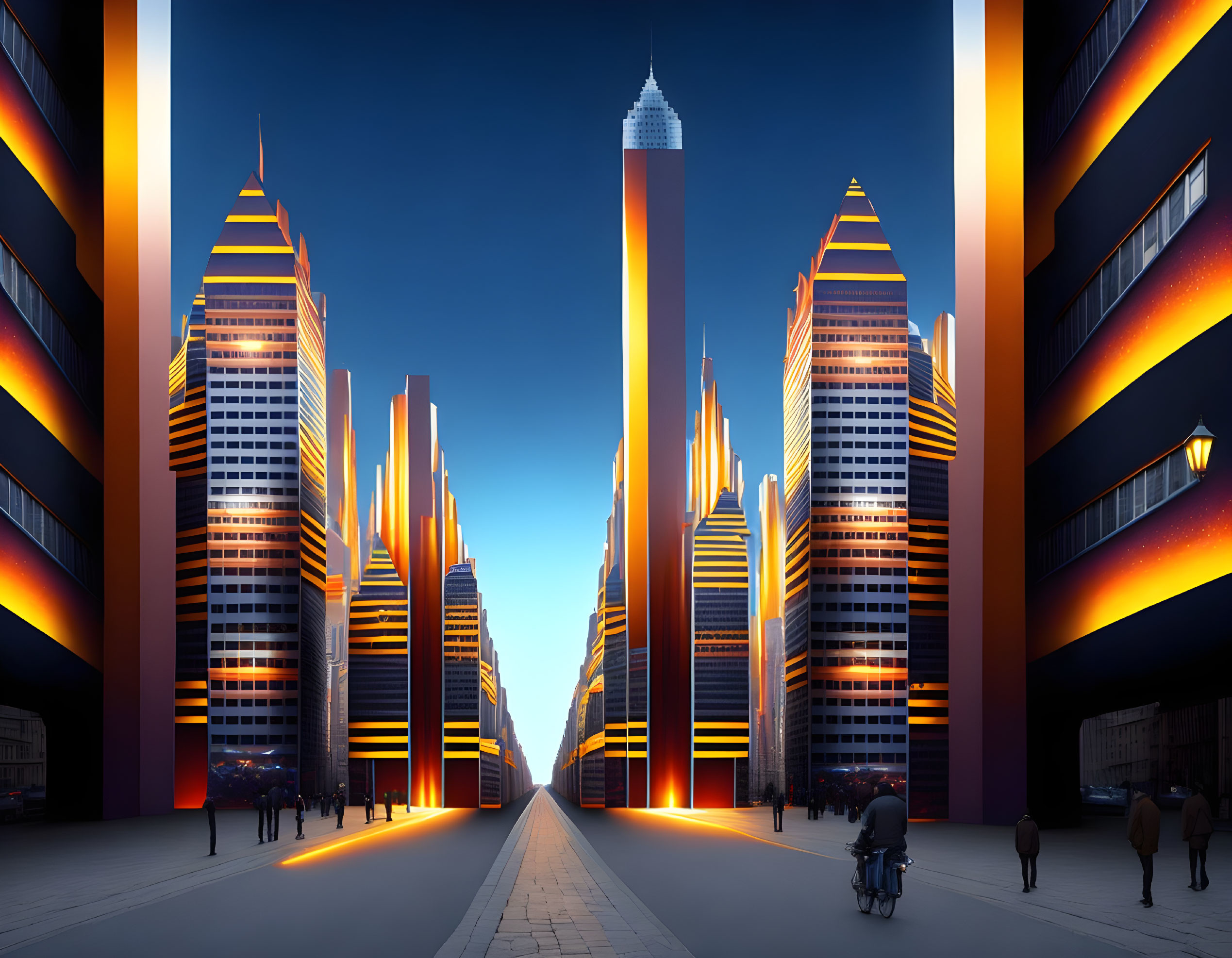 Illuminated skyscrapers in futuristic cityscape at dusk