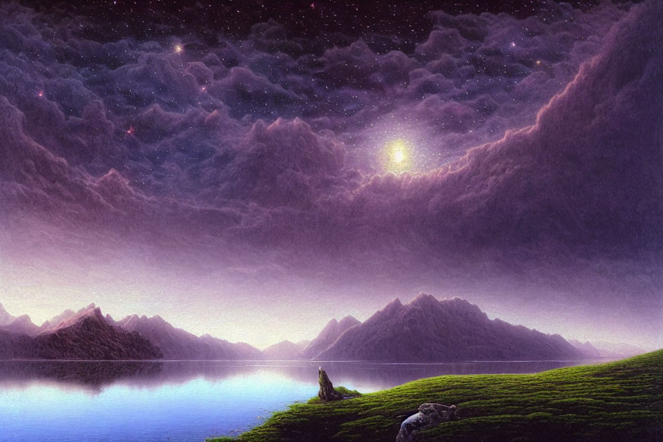 Starry night landscape with glowing moon over lake and mountains