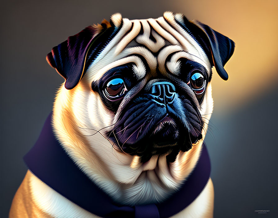 Detailed Pug Illustration with Glossy Sheen and Blue Collar