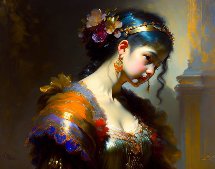 Classically beautiful woman with floral hair adornments in warm lighting