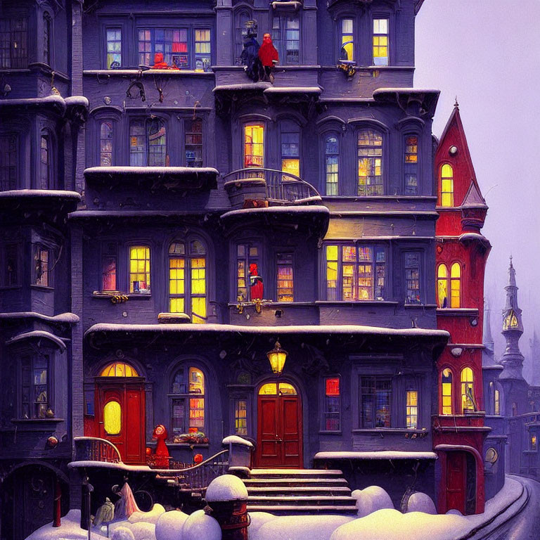 Snow-covered Victorian-style building at dusk with person on rooftop and snow-capped streets