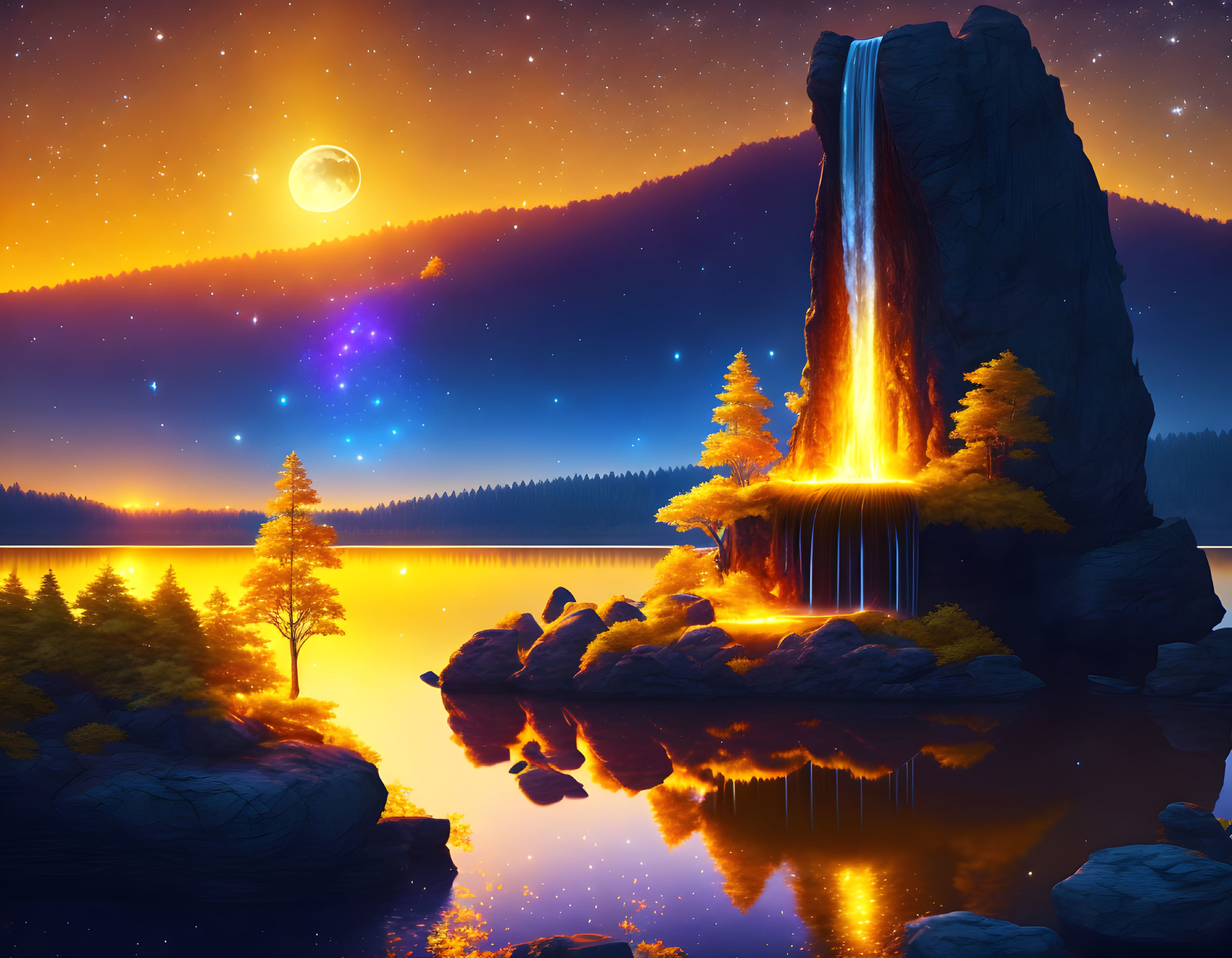 Scenic digital artwork: Waterfall cascading into serene lake at twilight