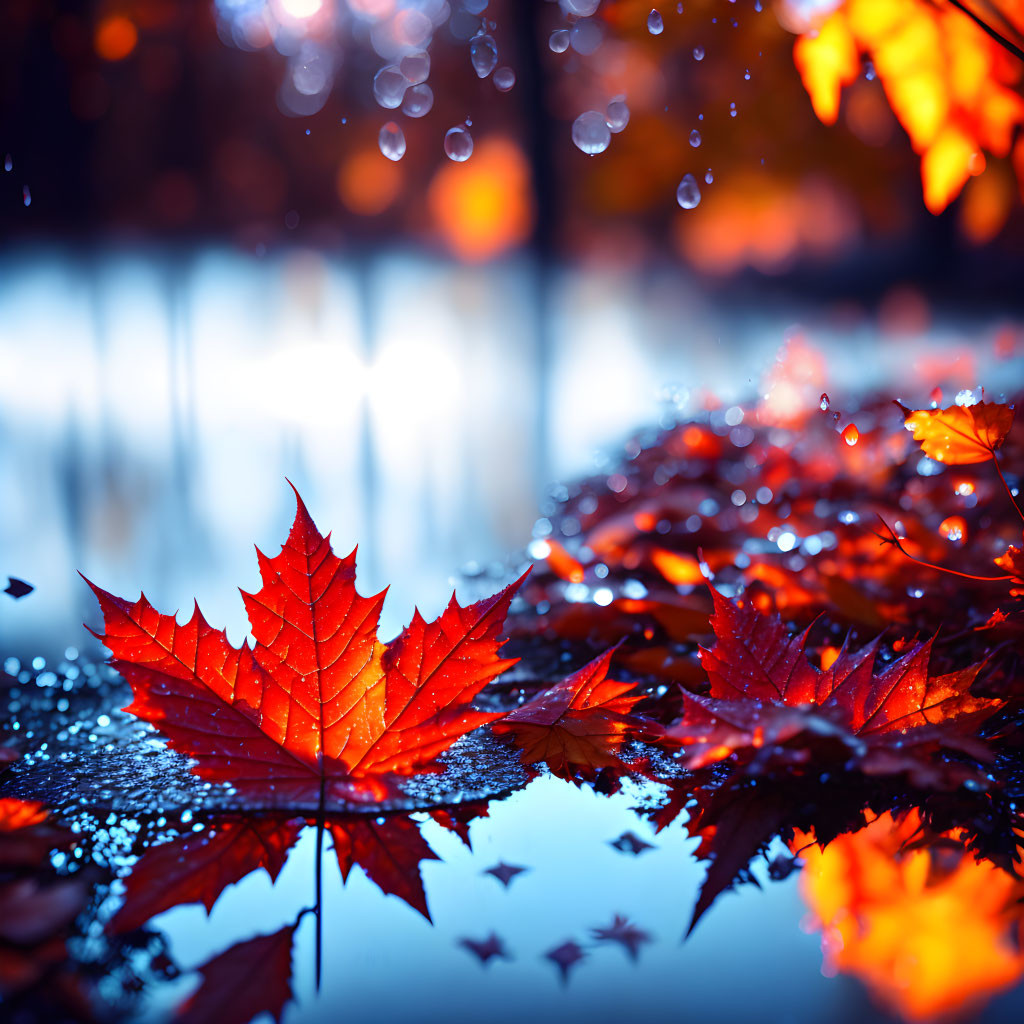 Red Maple Leaves with Raindrops on Reflective Surface in Autumn Forest