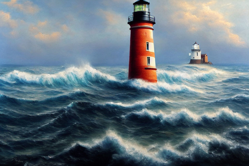 Red Lighthouse Painting on Rough Sea Waves with Cloudy Sky