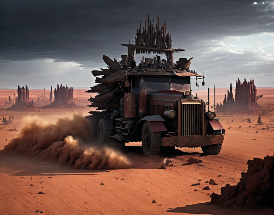 Post-apocalyptic truck with spikes navigating desert landscape under dusky sky