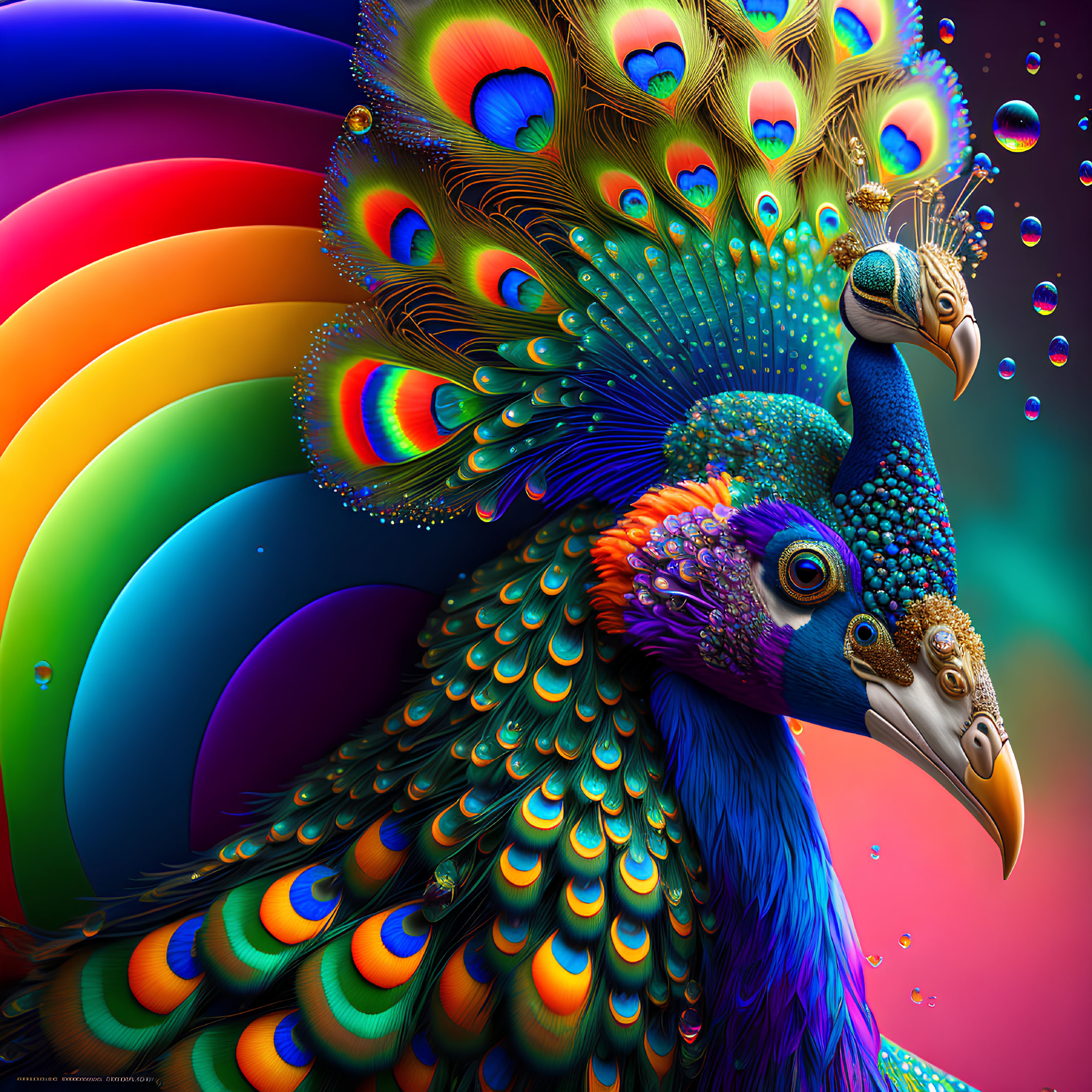 Colorful Peacock Digital Illustration with Rainbow Tail & Bubbles