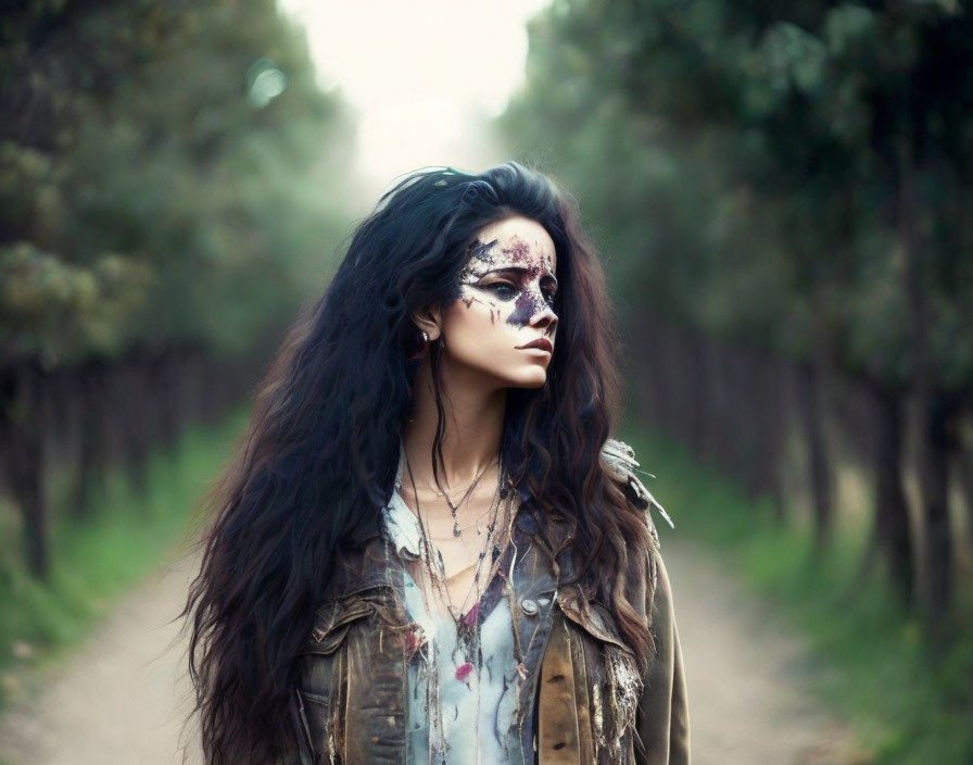 Person with face paint in woodland setting wearing denim jacket with bird on shoulder.