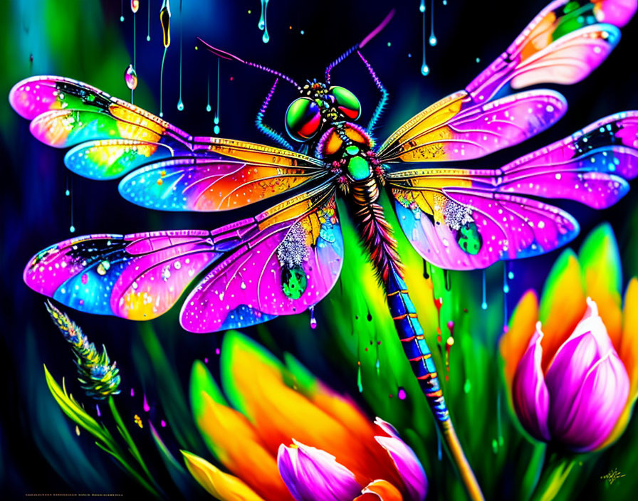 Colorful Dragonfly Artwork with Iridescent Wings and Neon Flowers