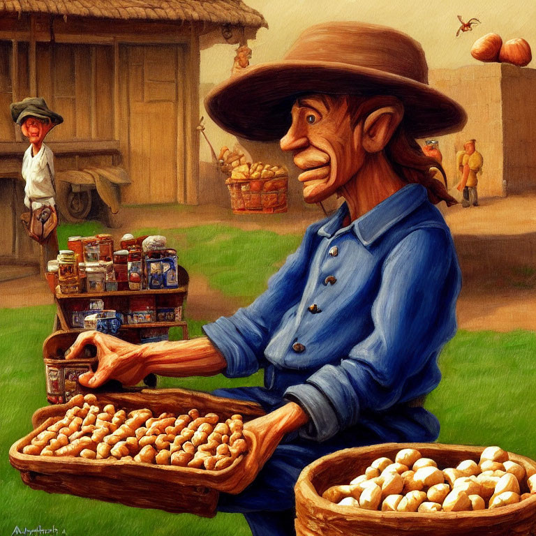 Caricatured man selling eggs at rural market with boy and baskets.