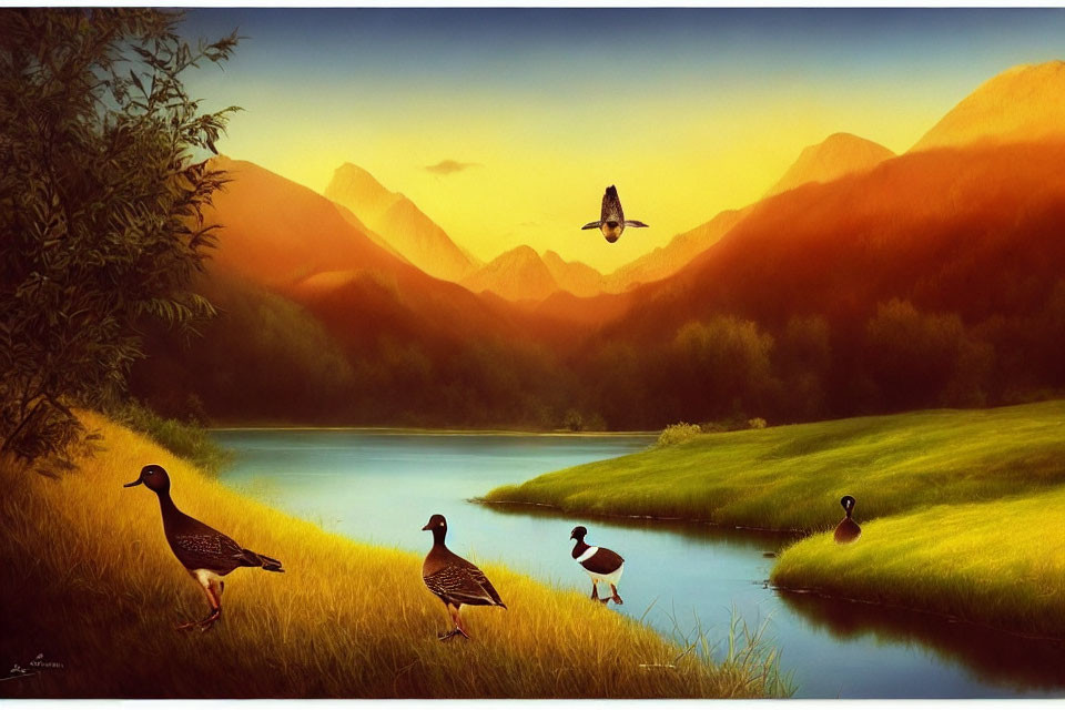 Tranquil lake scene with ducks, mountains, and sunset colors