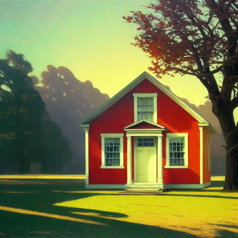 Red house with white trim in serene setting with trees and soft sunlight.