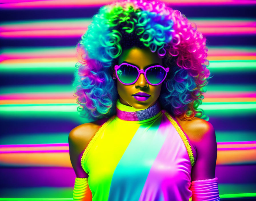 Colorful portrait of a woman with curly hair and neon glasses on luminous background