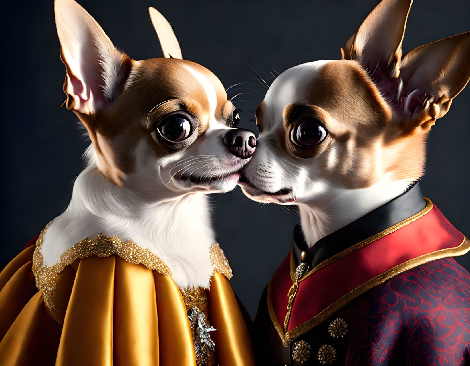 Stylized Chihuahuas in Royal Attire on Dark Background