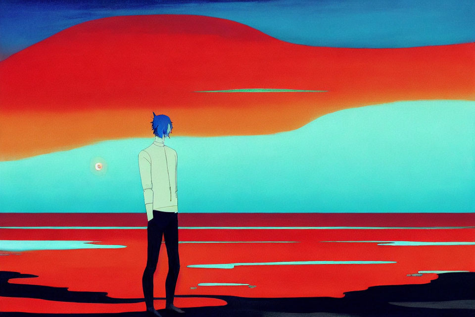 Blue-haired person gazes at white moon in surreal landscape with red cloud