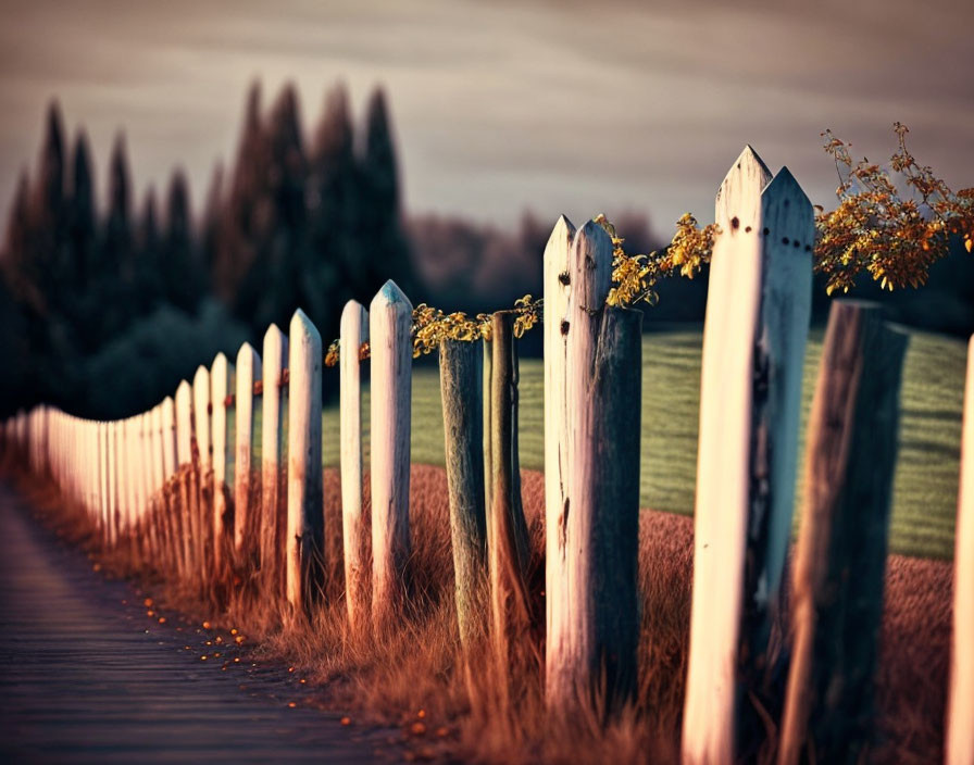 Rustic wooden fence with pointed tops beside tree-lined path in warm sunlight