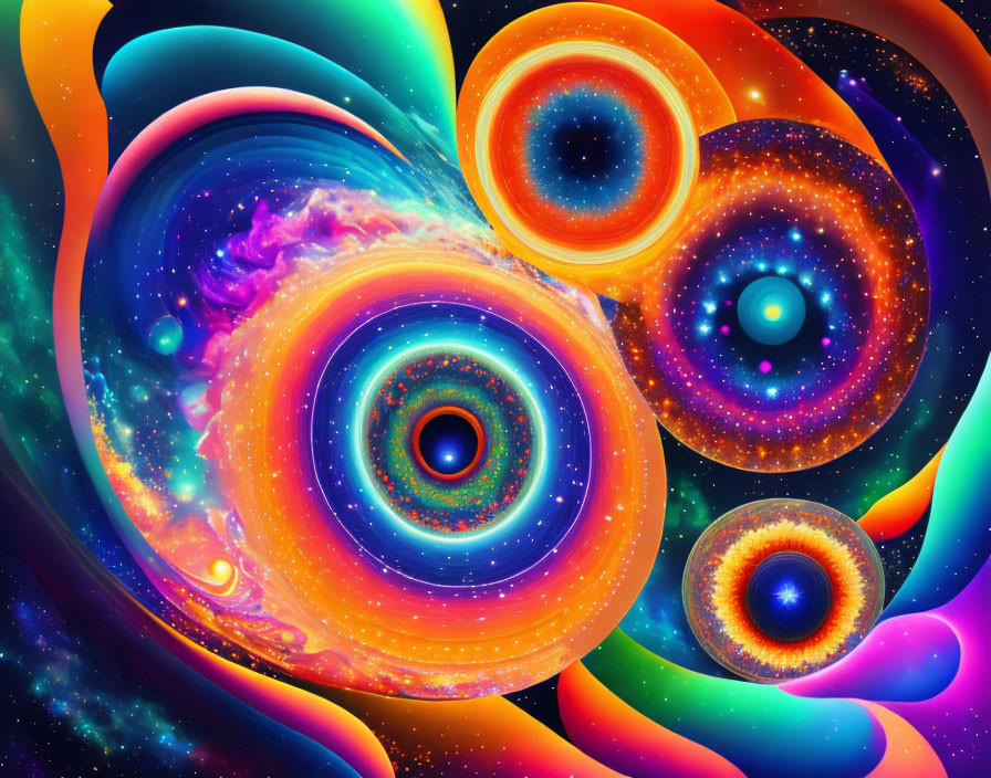 Colorful Swirling Cosmic Bodies Artwork with Bright Spectrum