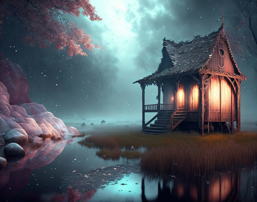 Enchanted cottage by serene lake under starry sky