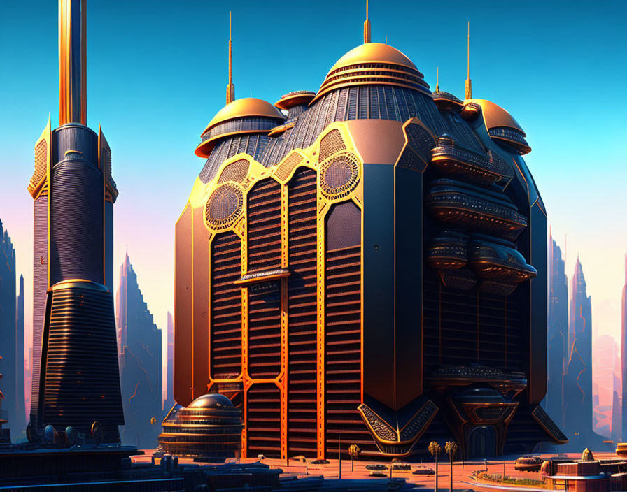 Futuristic cityscape with towering buildings and golden domes