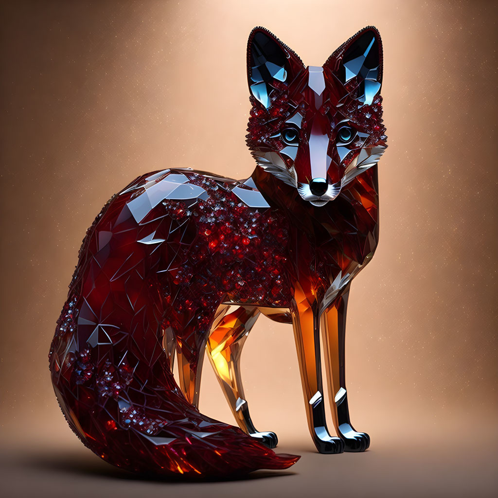 Geometric Crystal Fox Art in Red and Brown Palette