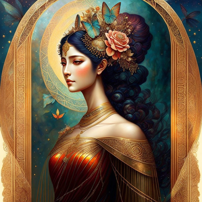 Ethereal woman with floral adornments and butterfly under golden arch