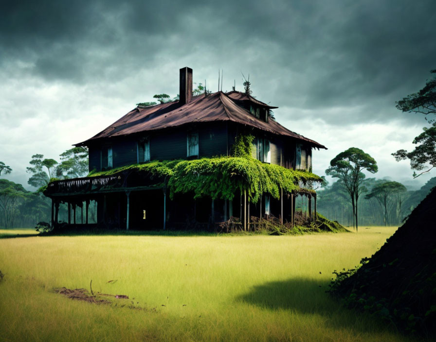 Abandoned two-story mansion engulfed by vegetation in desolate field