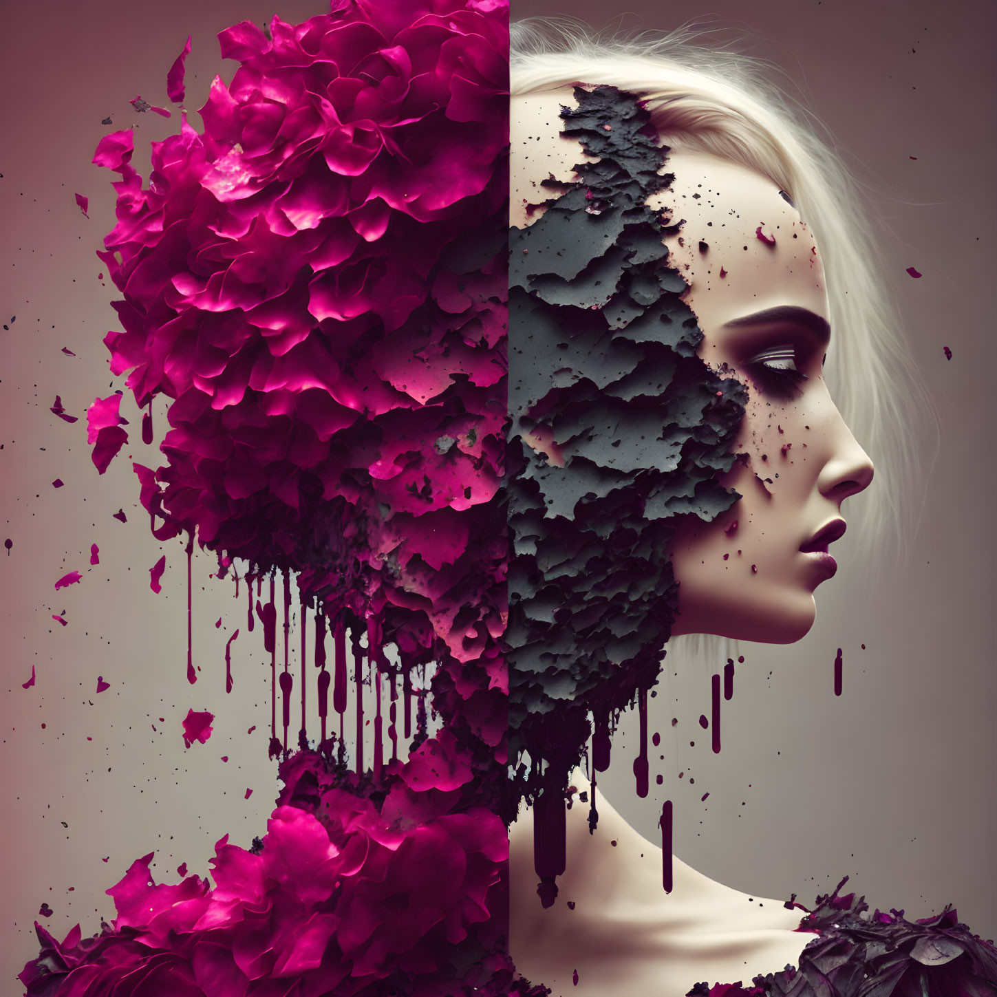 Surreal portrait: Half face pink flowers, half disintegrating