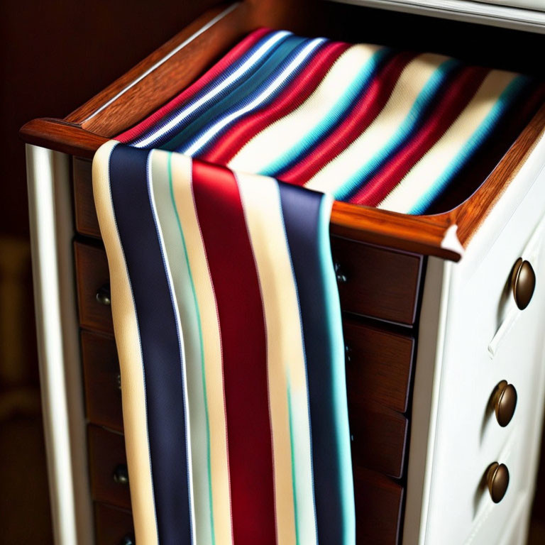 Vibrant silk ties on wooden drawer with warm indoor backdrop