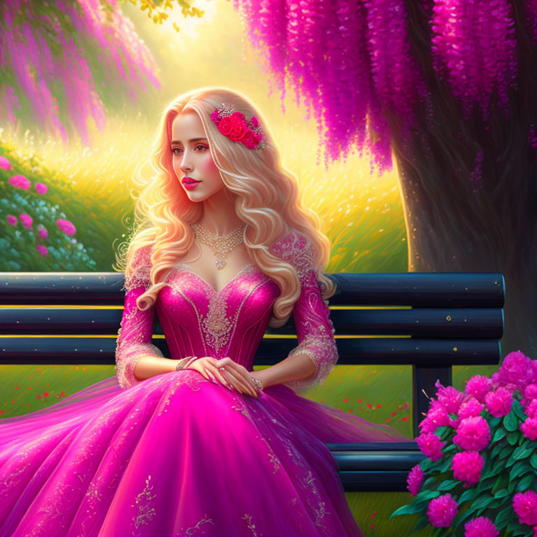 Blonde Woman in Pink Gown Surrounded by Lush Foliage