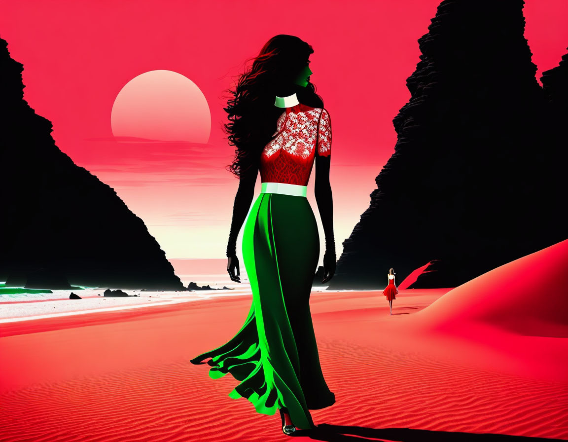 Stylized artwork of woman on red beach with cliffs and large sun