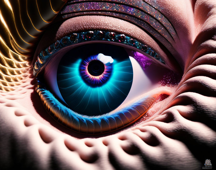 Detailed surreal illustration: Human eye with vibrant blue iris and cosmic elements